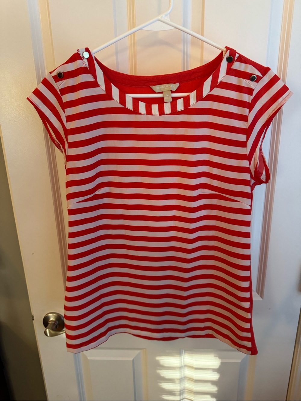 Banana Republic Red and White Striped Cap-Sleeve Tee